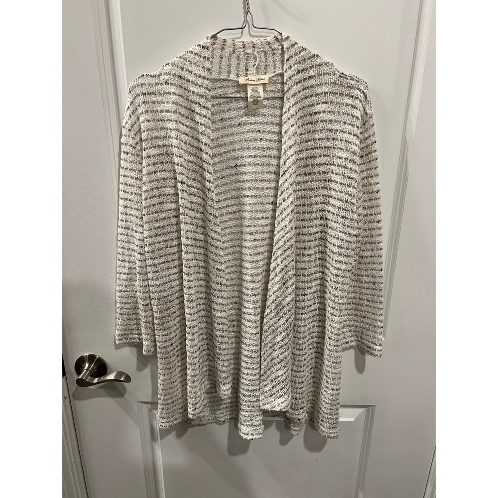 Brittany Black Womens Cardigan Textured Open Knit Striped White Medium